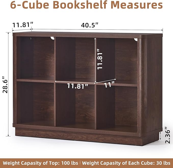 6 Cube Storage Bookcase, 40" Wide Low Horizontal Book Shelf with Curved Edge, Wood Floor Standing 2-Tier Bookshelf with Base, Farmhouse Short Book Case for Bedroom, Living Room, Office, Walnut