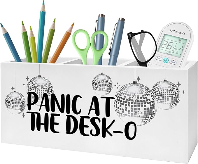 Funny Trendy Disco Ball Pencil Pen Holder for Desks, Panic at the Desk-O Mental Health Wooden Pencil Holder Organizer for Home Office Desk Accessories, Office Humor Gifts for Women