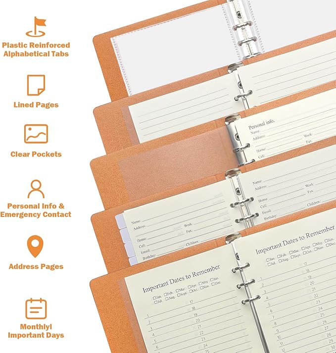 Happyaokeland Refillable Address Book with Alphabetical Tabs, Hardcover Phone Book 648 Contact Book w/Pockets, Large Print Address Books for Seniors, A5, Brown