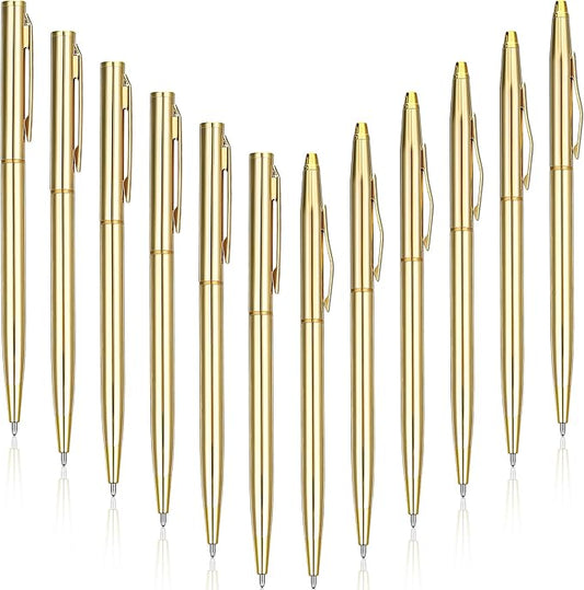 Fuutreo 12 Pack Wedding Gold Pens Bulk Gold Metal Pens Slim Ballpoint Retractable Ballpoint with Black Ink Mini Conical for Wedding Favors Guests, Office Business Teachers,1.0 mm