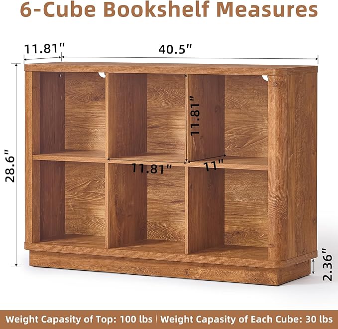6 Cube Storage Book Shelf, 40" Wide Low Horizontal Bookcase with Curved Edge, Floor Standing 2-Tier Wooden Bookshelf with Base, Modern Short Book Case for Bedroom, Study, Entryway, Brown