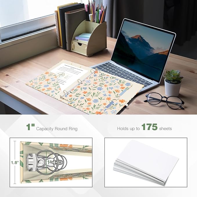 Ospelelf Binder 3 Ring 1 Inch, Round Ring Clipboard Binder for Letter Size Paper with 5 Tab Dividers, for School and Office Supplies, Yellow Floral