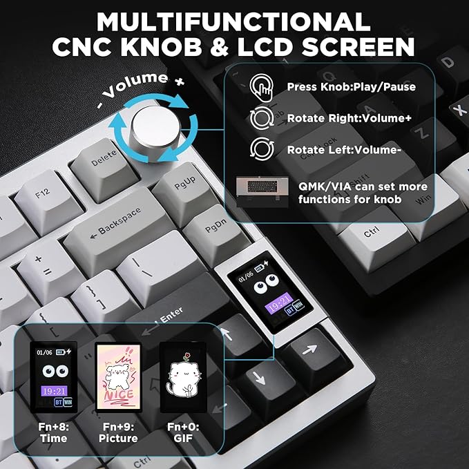 YUNZII AL80 Wireless Mechanical Keyboard,Full Aluminum CNC, Smart LCD Display,Hot Swappable Gasket Mount 75% Layout with Knob,BT/2.4G/USB-C,QMK/VIA Support for Win/Mac (Silver, Cocoa Cream V2 Switch)