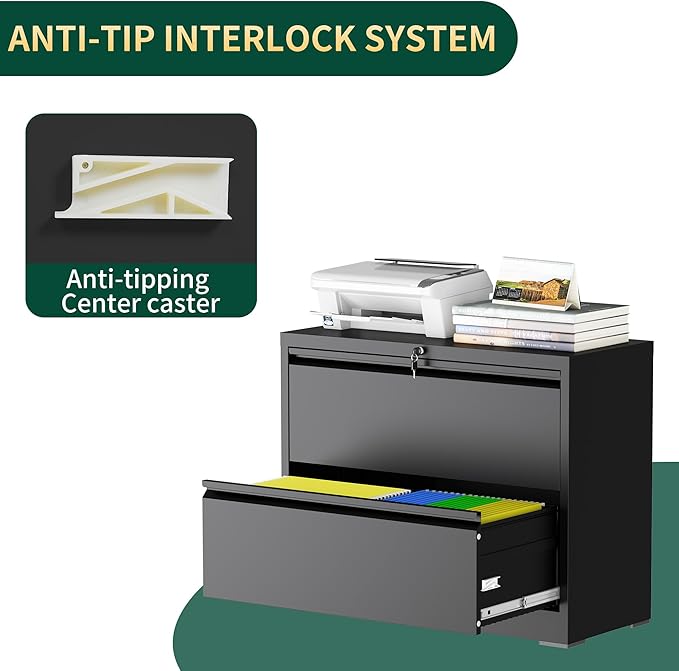 2 Drawer Lateral File Cabinet with Lock, Metal File Cabinets for Home Office, Steel Heavy-Duty Filing Storage Cabinet for Letters/Legal/A4 (Require Assembly, Black)