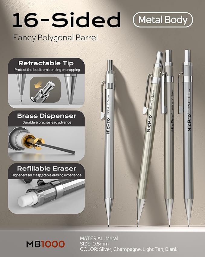 Nicpro 4 Pack Mechanical Pencil 0.5 mm with Case, MB1000 Metal Mechanical Pencil Set with 8 Tube HB #2 Lead Refill 0.5mm, 3PCS 4B Eraser, 9 Cap Eraser for Artist Drafting Writing, Sketching, Drawing