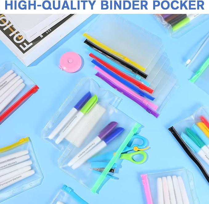 40 Pieces 6 Ring Binder Zipper Pouch, 6 Hole Binder Pockets with Zipper Bulk Folders A6 Plastic Pouch Colorful Loose Leaf Bags Waterproof PVC Document Filing Bag