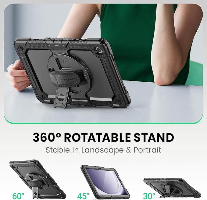 SEYMAC Case for Samsung Galaxy Tab A9+/ A9 Plus Case 11" 2023 (SM-X210/X216/X218), Heavy Duty Shockproof Protective Case with Screen Protector, Rotating Stand and Hand/Shoulder Strap, Black