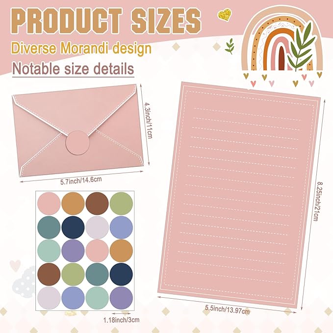 TaoBary 160 Packs Stationery Paper Set (50 Double Sided Stationery Writing Papers 50 Matching Envelopes) 60 Round Dot Sticker, 10 Design (Morandi Color)
