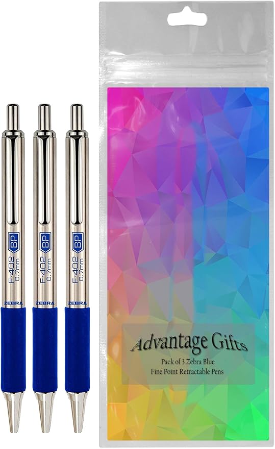 Zebra F-402 Ballpoint Stainless Steel Retractable Pen, Fine Point, 0.7mm, Blue Ink, 3-Count Bundle with Plastic Reusable Pouch