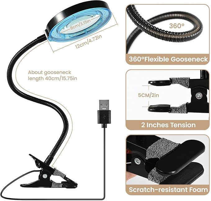 10X Magnifying Glass with Light and Timer, 2 in 1 Magnifying Desk Lamp, 3 Color Modes 10 Dimmable Brightness, Flexible Gooseneck Magnifier with Light for Craft Hobby Sewing Close Work(No Adapter)