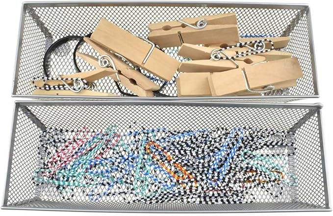 HAHIYO Stackable Mesh Tray Cup 9 x 3 x 2 inches Sturdy Container for Desk Drawer Organizer Collection for Home Office School kitchen Soft Foam Feet No Sharp Edges 2 Pack Silver