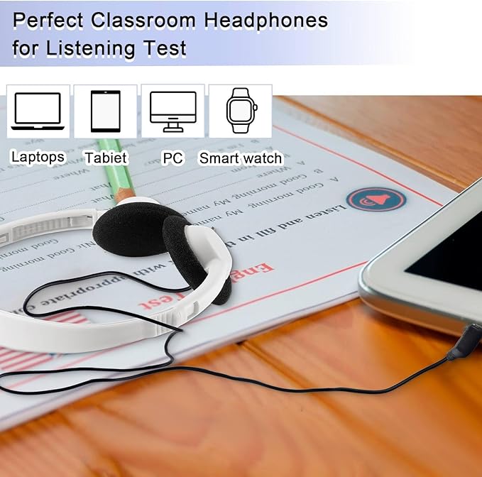 Yunsailing 30 Pack Class Set Headphones for Students Bulk School Headsets Earphones with 3.5mm Jack Classroom Must Haves Teacher Supplies for Adults Laptop Computer(White)