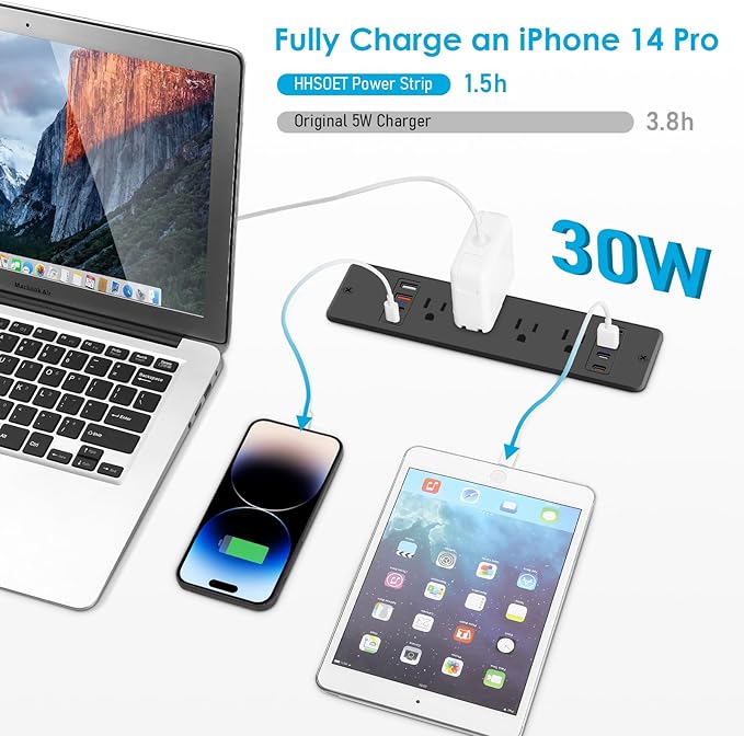 HHSOET 8 Outlet Recessed Power Strip, 30W Fast Charging Furniture Power Outlet USB C, Flush Mount Surge Protection Socket with 4 USB-A and 4 USB-C, 6ft Power Cord. (Black)