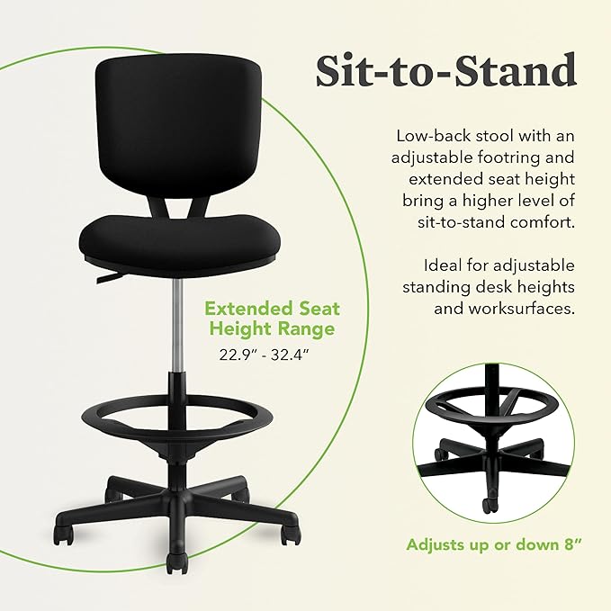 HON Volt Standing Desk Chair, Leather Office Chair with Foot Rest, Armless, Ergonomic Recline and Center Tilt, for Computers, Offices, Work, Black