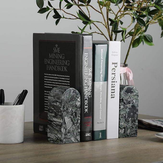 Koville Natural Marble Bookends for Shelves, Decorative Book Ends, 7lbs Heavy-Duty Marble Book Holders, Bookshelf Apartment Decor for Normal Books/CD/Video Games(Olive Green)