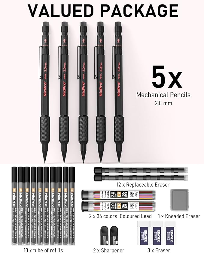 Nicpro 5 Pack 2mm Mechanical Pencils Set with Case, 65 Graphite Lead Refills (6B 4B 2B HB 2H 4H), 72 Colored Lead, Erasers -Weatherproof Metal Barrel, Heavy Duty Carpenter Pencil For Drawing Sketching