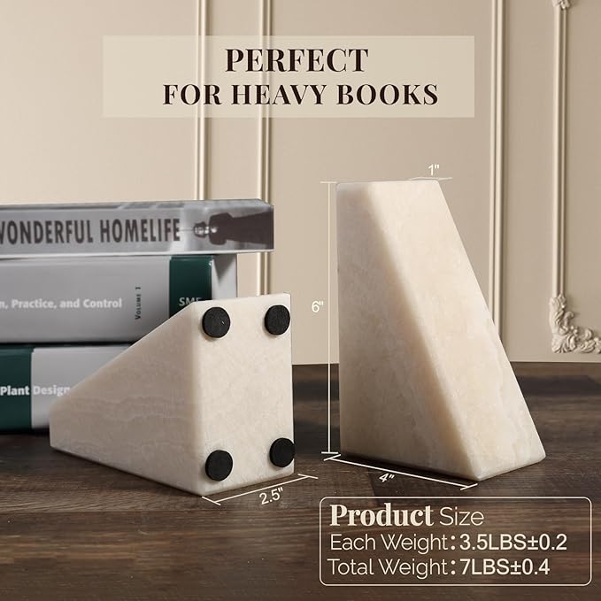 Koville Marble Bookends for Shelves, Large Bookends for Heavy Books, Non-Slip 7Lbs Stone Book Ends for CD/Movies, Modern Decorative Bookends for Shelves Table Home Decor(Navona)