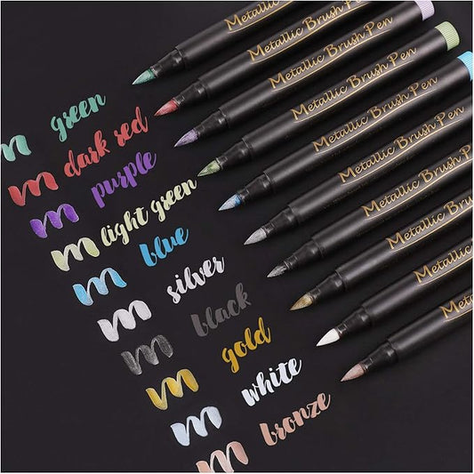 Dyvicl Metallic Brush Marker Pens - Metallic Pens Art Markers for Calligraphy, Brush Lettering, Black Paper, Rock Painting, Card Making, Scrapbooking, Fabric, Metal, Ceramic, Wine Glass, Set of 10