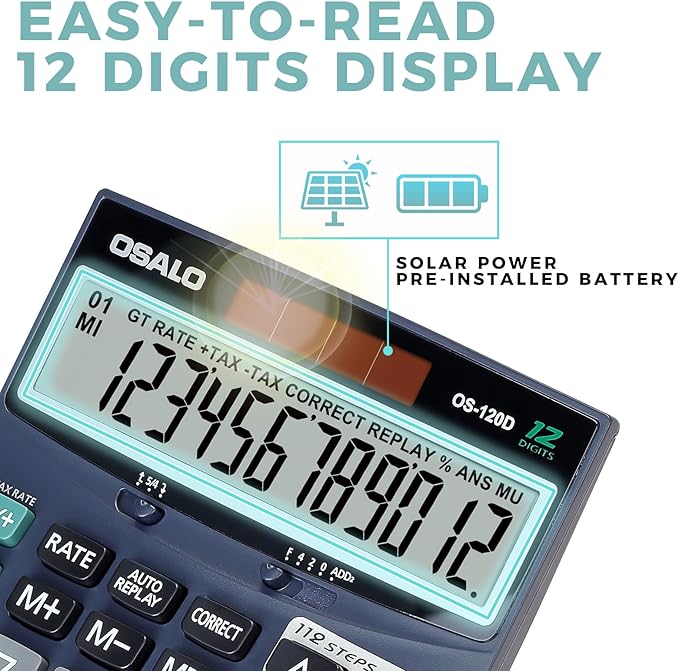 OSALO 12 Digits Desktop Calculator Extra Large LCD Display with VAT Tax Big Button, Dual Solar Power and Battery, Basic Calculator for Office, Home, School (DJ-120D Deep Blue)