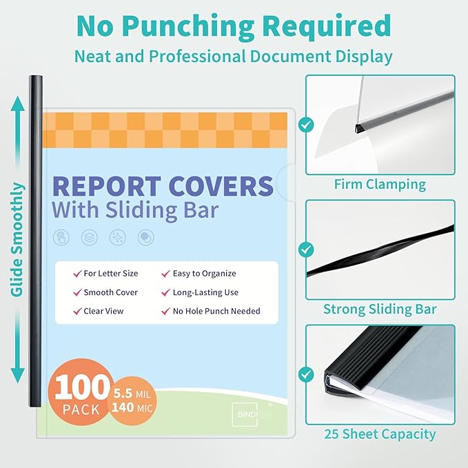 Binditek 100 Pack Clear Report Covers with Sliding Bars, 25 Sheet Capacity, 5mm Binding Bars, Letter Size, 5.5 Mil Thick, Black, for Students and Coworkers