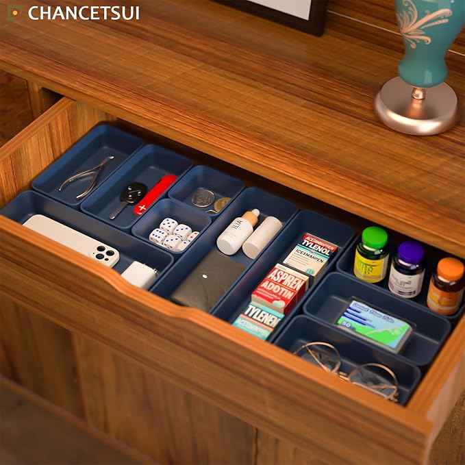 Drawer Organizers, Storage Plastic Desk Bins Stackable Organizers Tray, Bathroom Dividers Small Makeup Bin Clothes Organizing Trays for Containers Vanity Office Cabinet Sliverware Set, Blue