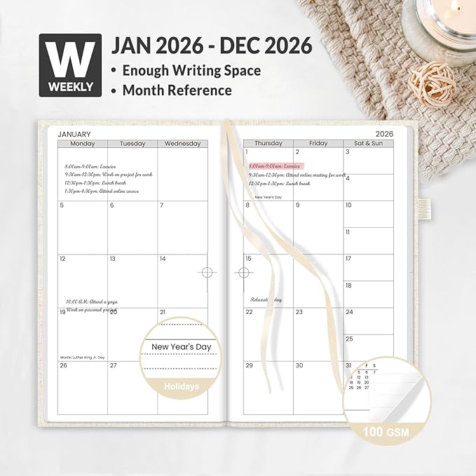 SUNEE 2026 Pocket Weekly Planner for Purse 3.5" x 6" - 12 Month (January 2026 - December 2026), Small Size Planner, Hardcover, Notes, Pocket, 100 GSM Paper, Beige