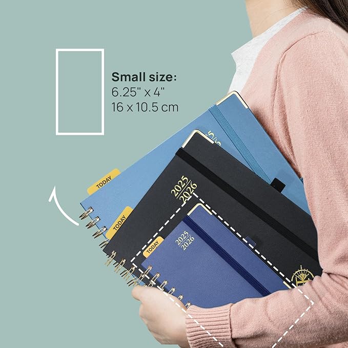 POPRUN Pocket Planner 2025-2026 (Spiral Hardcover - 4''x 6.25''), Daily Weekly and Monthly (July 2025 - June 2026) with Hourly Time Slots, for Purse, 100 GSM - Black