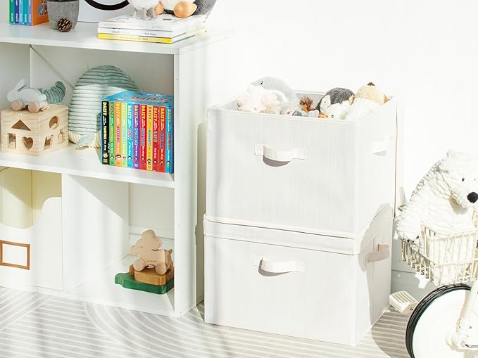 StorageWorks Closet Storage Bin with Lids, Decorative Storage Boxes with Handles, Fabric Storage Bins for Clothes, Jumbo, Mixing of Beige, White & Ivory, 2-Pack