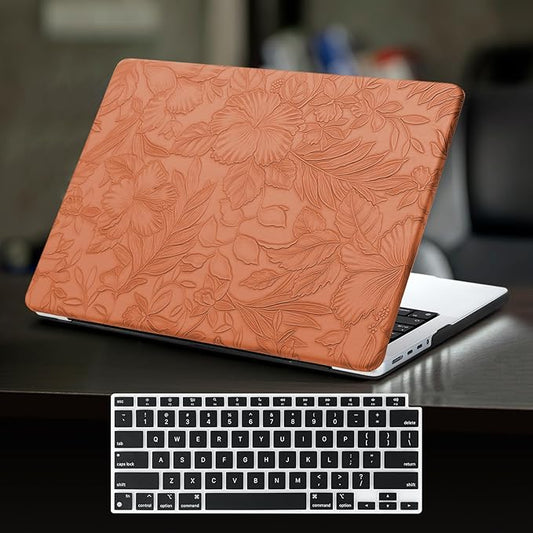 DTangLsm for MacBook Pro 13 inch Case M2 2025 2024-2016 A2338 M1 A2289 A2251 A2159 A1989 A1706 A1708, Elegant Retro Leather Hard Shell Cover for MacBook Pro Case + Keyboard Cover,Brown Embossed Floral