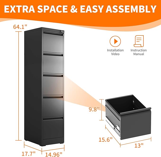 5 Drawer Metal File Cabinet Heavy Duty Locking File Cabinets Home Office Steel Filing Cabinet Vertical File Cabinets for Legal/Letter Size File,Assembly Required