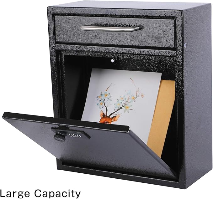 xydled Wall-Mount Mailboxes with Combination Lock, Steel Combination Lock Mail Boxes Outdoor, Locking Wall Mount Mailbox, Security Key Drop Box, 13.4H x 11.6L x 5.8W Inches, Black, Large