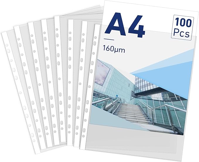Clear Sheet Protectors 11.89 x 9.17in,100 A4 Punched Pocket,Heavy Duty Binder Sleeves 11-Hole Plastic Page Protectors Sheet Top Loaded for 2/3/4 Ring Binder Fits Standard A4 Paper for Home,Office