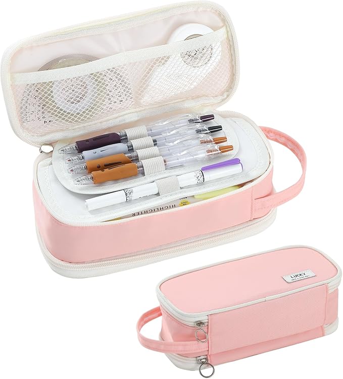 Pencil Case Large Zipper Pencil Pouch for Girls Kids Teens Adults Aesthetic Pencil Bag Stationery Organizer Pencil Case with Handle for School Pink