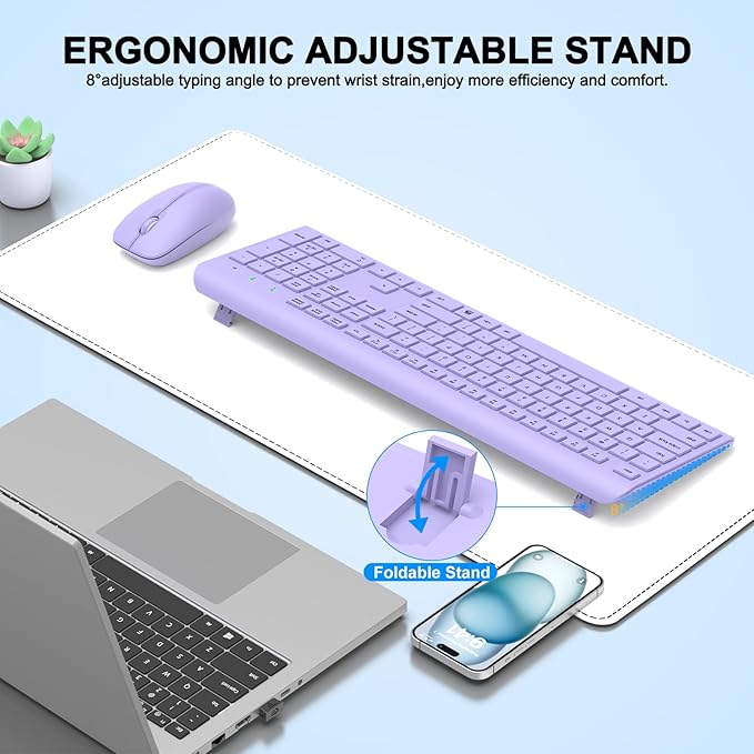 Wireless Keyboard and Mouse Combo, Full Size Silent Ergonomic Keyboard and Mouse, Long Battery Life, Optical Mouse, 2.4G Lag-Free Cordless Mice Keyboard for Computer, Mac, Laptop, PC, Windows(Purple)