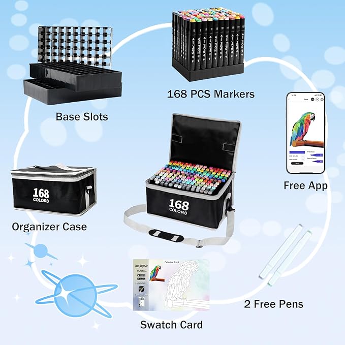 168 Colors Alcohol Markers, Art Markers for Artists with Coloring App, Dual Tip Marker for Adult Painting Sketching Drawing with Travel Case Great Gift Idea