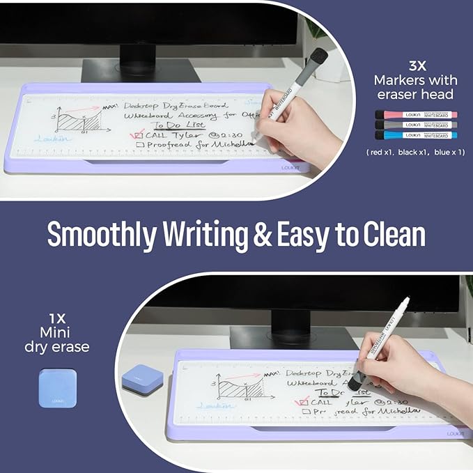 LOUKIN Glass Desktop Whiteboard, 15.3" x 5.6" Dry Erase Desk Board with Dotted and Graduated Surface, Desktop Buddy, Great for Design and Drawing, 3 Markers and 1 Dry Erase Eraser Included (Purple)