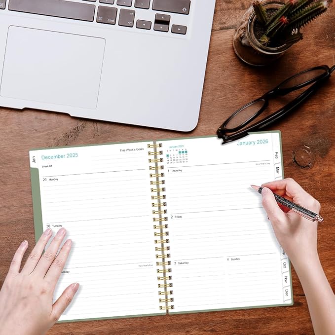 2026 Planner - Weekly and Monthly Calendar Planner from Jan 2026 - Dec 2026, Planner 2026 Spiral Bound with 12 Monthly Tabs, Inner Pocket, Perfect for School Office Supplies, 6.4" x 8.5", Green-C