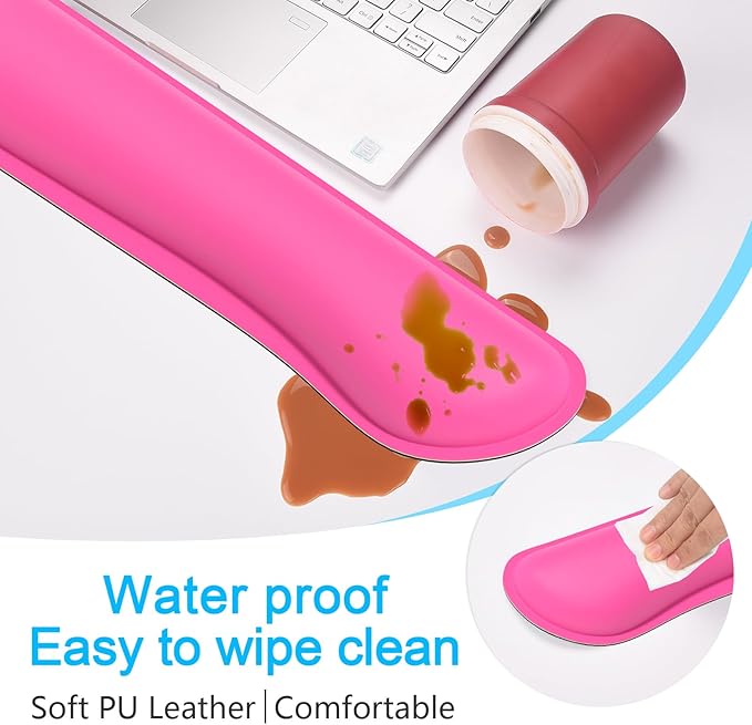 Dapesuom Keyboard Wrist Rest Set, Cute PU Leather Wrist Cushion for Computer Keyboard and Mousepad, Memory Foam Mouse Pad Rests Support with Non-Slip Base for Typing Pain Relief, Laptop, Hot Pink
