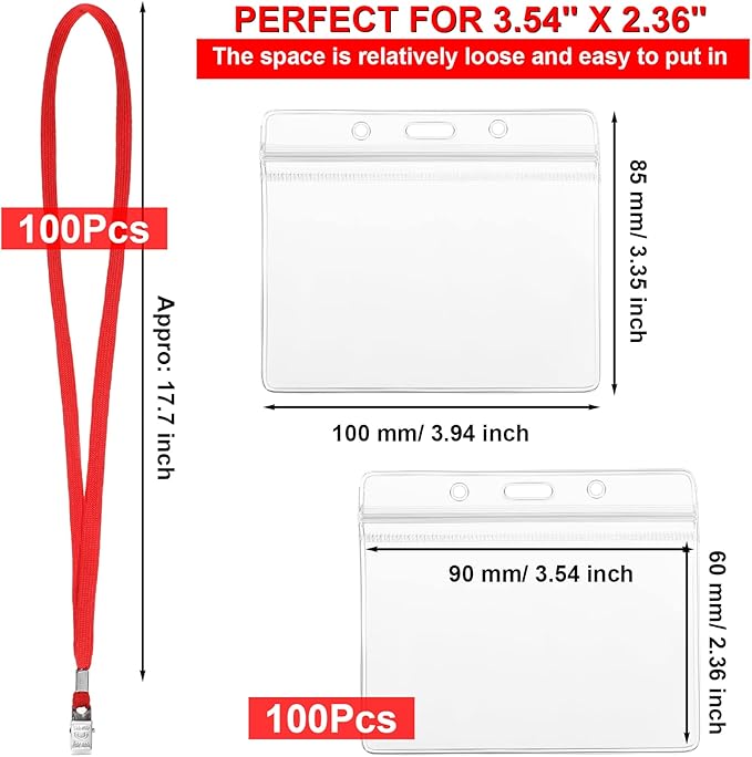 Marspark 100 Sets Clear Name Tags with Lanyard, Lanyards for ID Badges Reusable Strap with ID Holder Plastic Name Badges for Adults Business School Church Conference (Red)