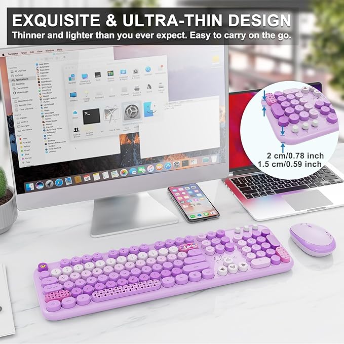 Wireless Keyboard and Mouse Set, 104 Round Keys Full-Size Cute Colorful Keyboard and Mouse with Retro Typewriter for PC/Mac/Laptop/Tablet/Computer/Windows Purple