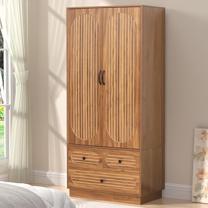 Armoire Wardrobe Closet with Doors, Wardrobe Cabinet with 3 Drawers, Wooden Large Clothing Storage Cabinet with Hanging Rod and Shelf, Mid-Century Modern Tall Closet for Bedroom, Walnut