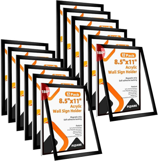 12 Pack 8.5x11 Acrylic Sign Holder Wall Mount with Framed Border, Peel & Stick Adhesive & 180° Flip Design - Single-Sided Clear Plastic Display for Menu, Poster, Flyer (Horizontal/Vertical) - Office, Home, Restaurant,No Drilling