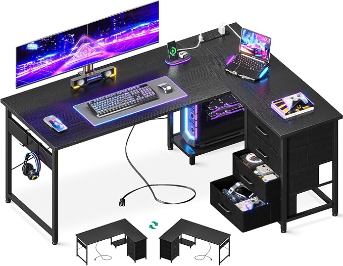 Casaottima L Shaped Desk with 4 Tier Drawers, 53" Gaming Desk with Power Outlets & USB, Reversible L-Shaped Computer Desk with CPU Stand, Home Office Corner Desk with Storage, Easy Assemble, Black