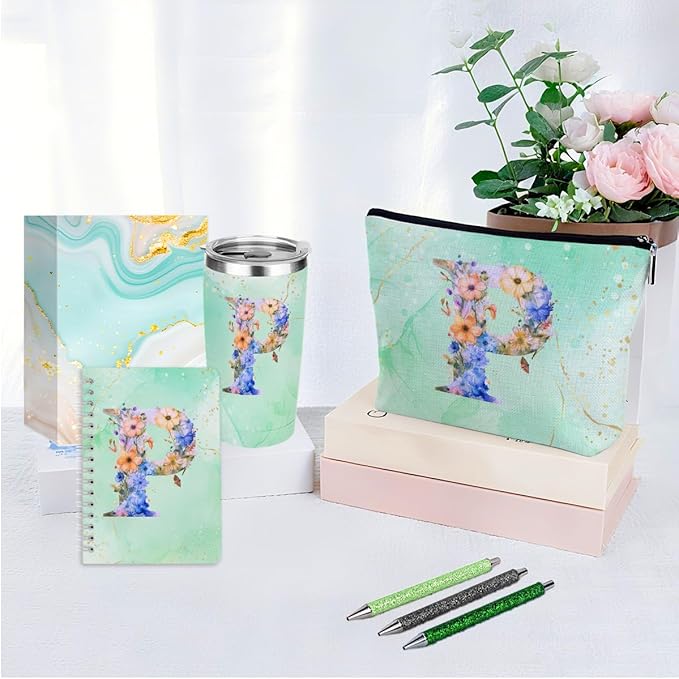 Personalized Gifts Monogrammed Birthday Gifts for Women, Mommy, Female Going Away Christmas, Initial 20 oz Tumbler, Makeup Cosmetic Bag Cup Pens Journal Notebook 6 Set, (Aesthetic Green Flower P)