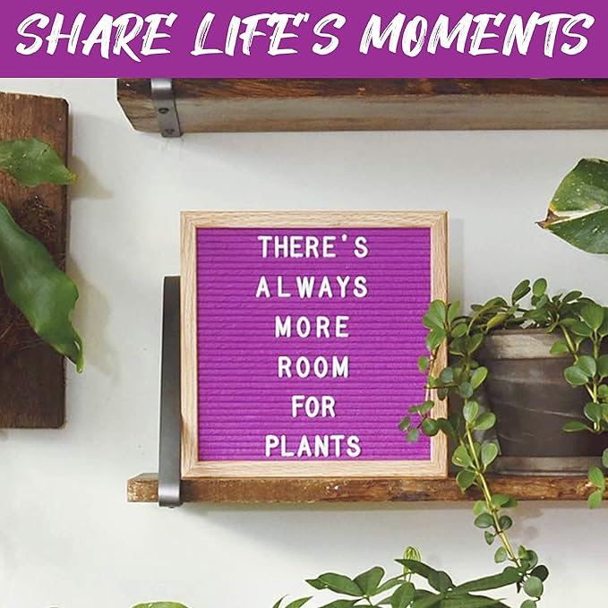 Purple Felt Letter Board 10x10 inches. Changeable Letter Boards Include 300 White Plastic Letters & Oak Frame.