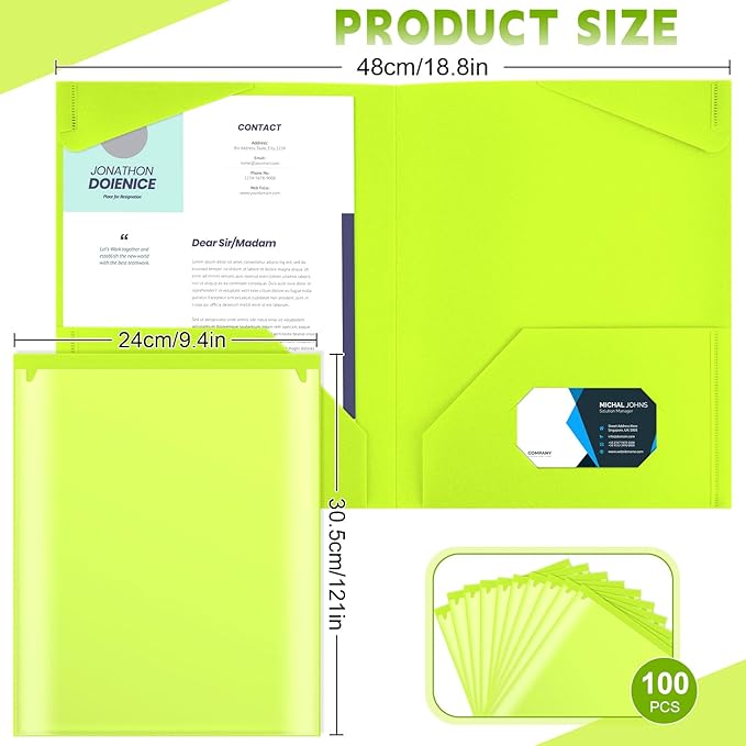 Henoyso 100 Pcs Plastic Folders with Clear Front Pockets Bulk Heavy Duty File Folders with 2 Pockets and Card Slot for Student Teacher Back to School Supplies Office Presentation (Fluorescent Green)