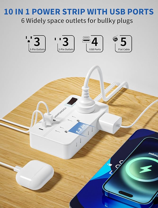 Surge Protector Power Strip - 5Ft Braided Extension Cord Flat Plug with 6 Outlets and 2 USB-A 2 USB-C Ports, 1080 Joules Wall Mounted Charging Station for Office Home ETL (5 FT)