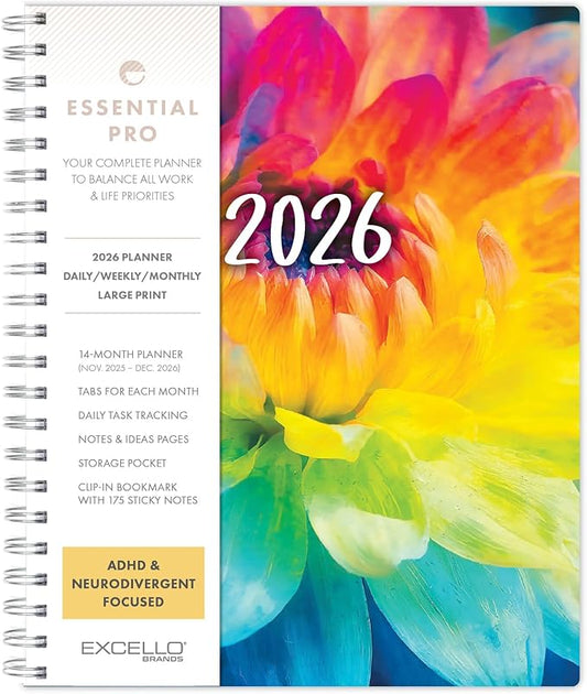 Essential PRO 2026 Daily, Weekly & Monthly Planner, 8.5"x11": 14 Months (Nov 2025 - Dec 2026) Monthly Tabs,Daily Tracking,Notes Pages,Storage Pocket,Bookmark w Sticky Notes (Rainbow Petals)