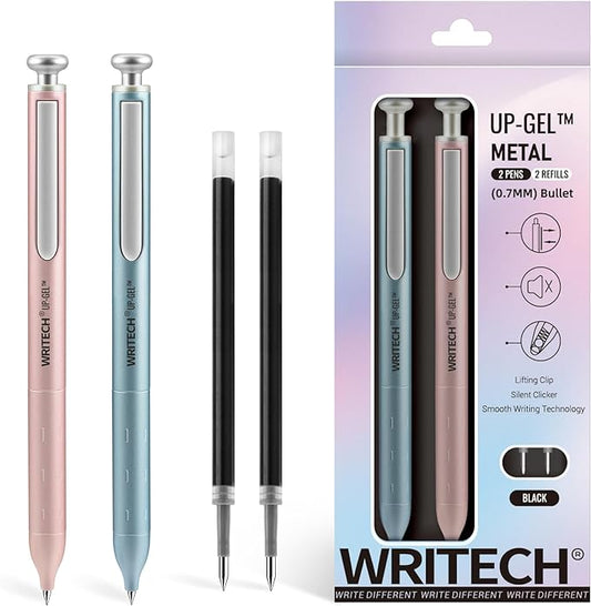 WRITECH Gel Pens Fine Point: Premium Metal Barrel Retractable 0.7mm Black Ink Pen 2ct with 2 Refills No Smear & Bleed Quick Dry Smooth Writing Silent Click Luxury Up-Gel