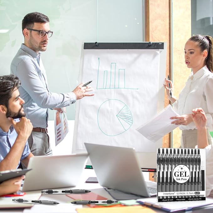 Innertone Black Gel Pens,12 Pcs Retractable Fine Point 0.7mm with 4 Refills,Black Pen，Featuring Smooth Writing and Quick-Drying Ink, Suitable for Women, Men, Journaling, School, and Office Use